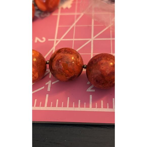 Genuine Coral Marbled Red 20 Bead Statement Necklace w/ Sterling Toggle Clasp - Picture 2 of 15